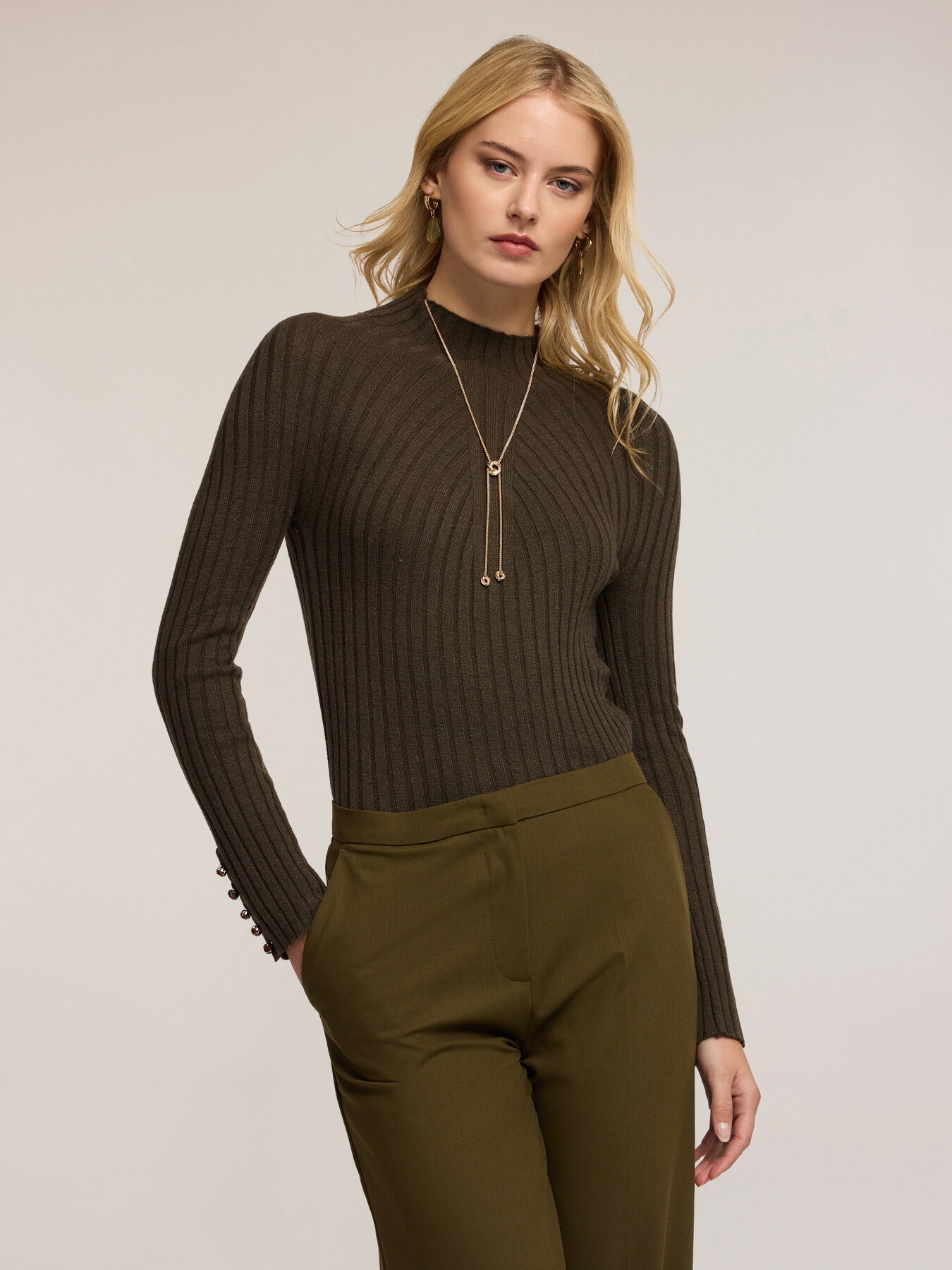 Ribbed turtleneck sweater with jewel buttons image number 2