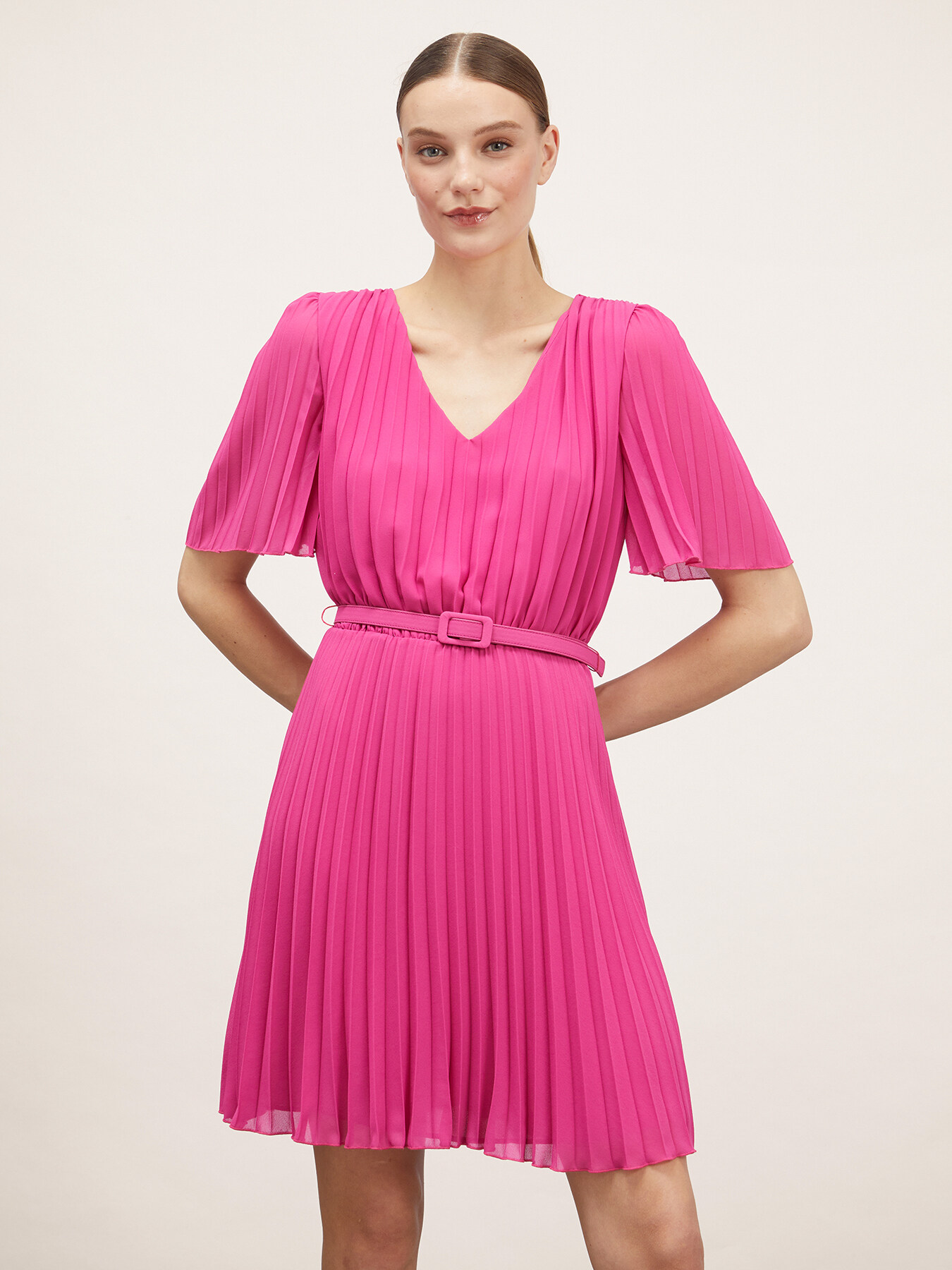 Pleated mini dress with belt image number 0