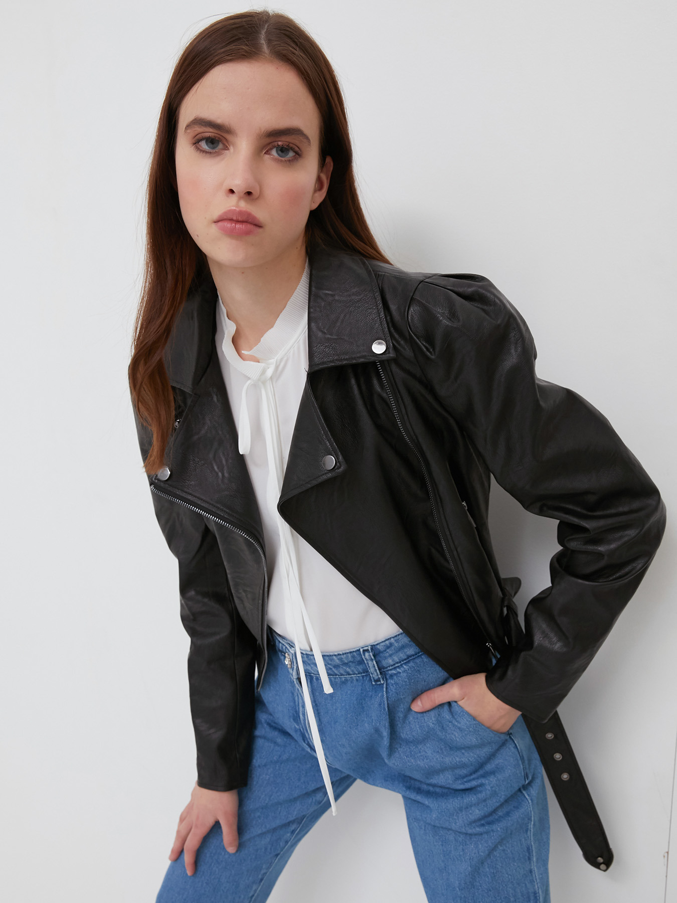 Faux leather jacket with oversized buckle image number 0