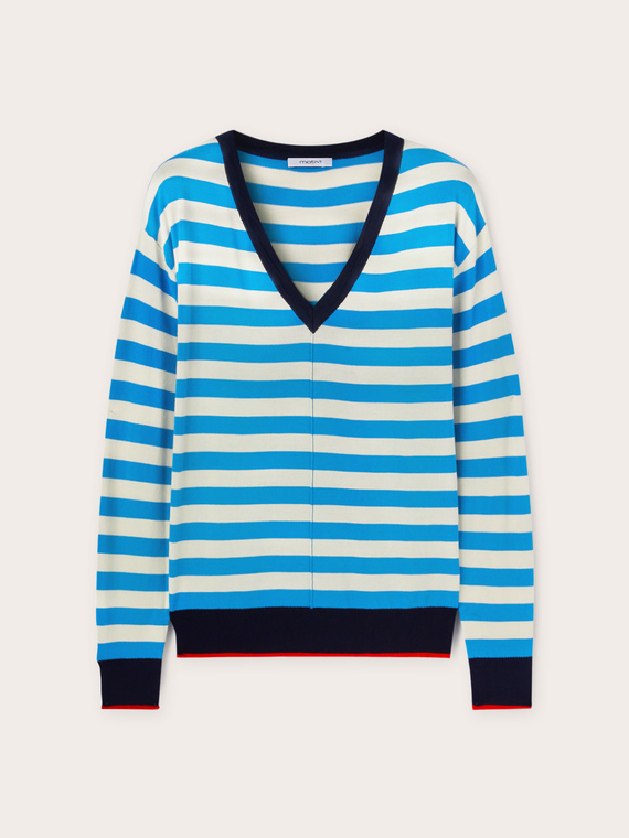 Suéter de tejido de punto de rayas con escote de pico