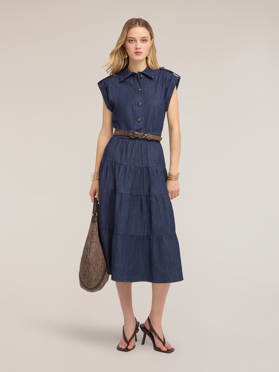 Rochie tip cămașă din denim cu fustă cu volane