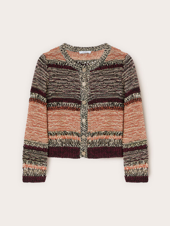 Cardigan court en tricot ajour&eacute; &agrave; rayures