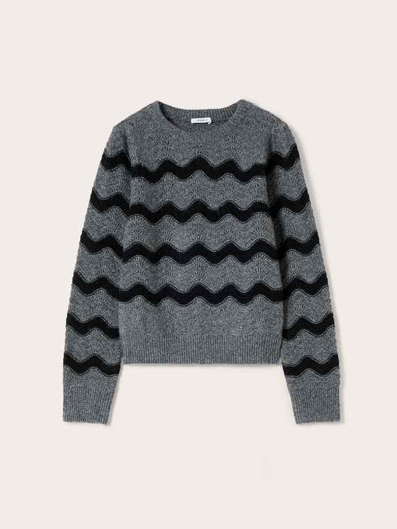 Pull brod&eacute; &agrave; motif de vagues en coton m&eacute;lang&eacute;