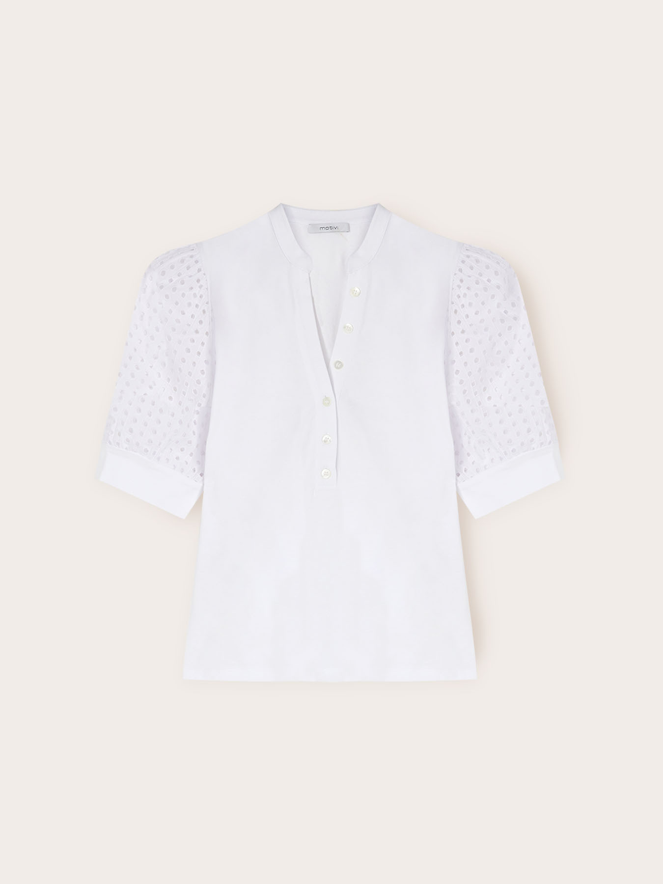T-shirt with keyhole and broderie anglaise sleeves image number 4
