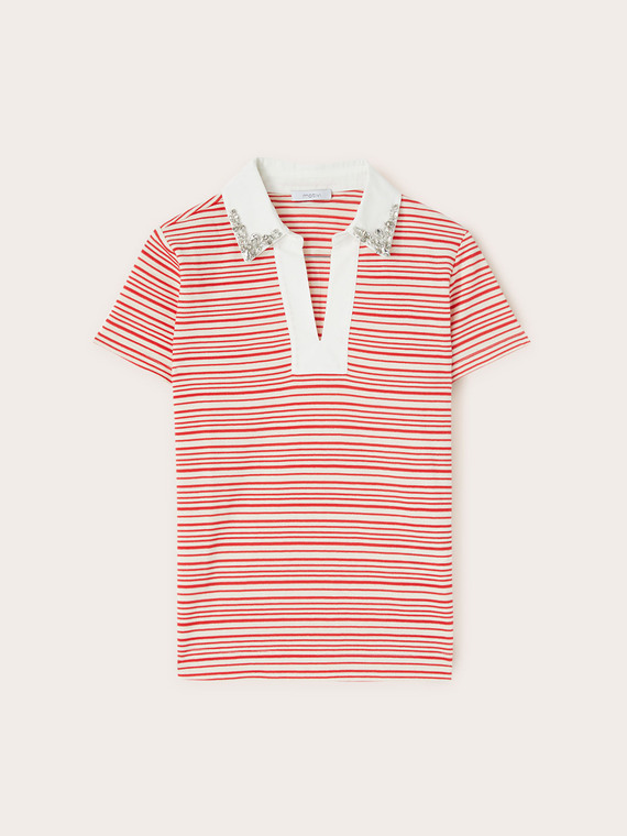 Motivi T-shirt a righe con colletto ricamato con pietre Donna, Rosso, Taglia XS