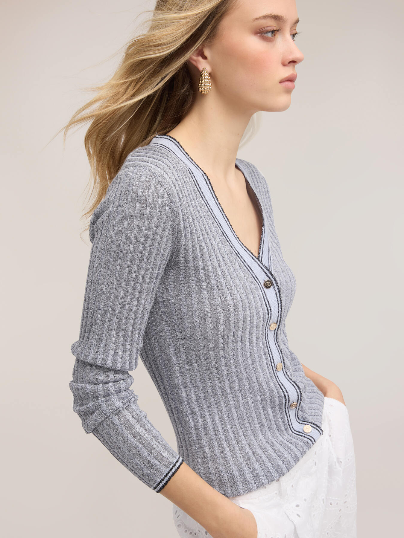 Rippstrick-Cardigan mit Lurex-Mix image number 0