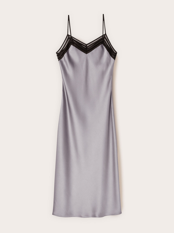 Long satin dress with tulle trim