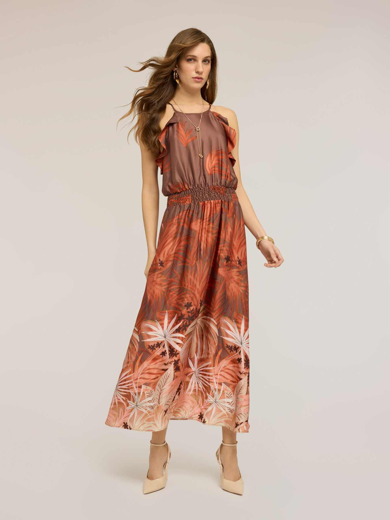 Long satin dress with print image number 0