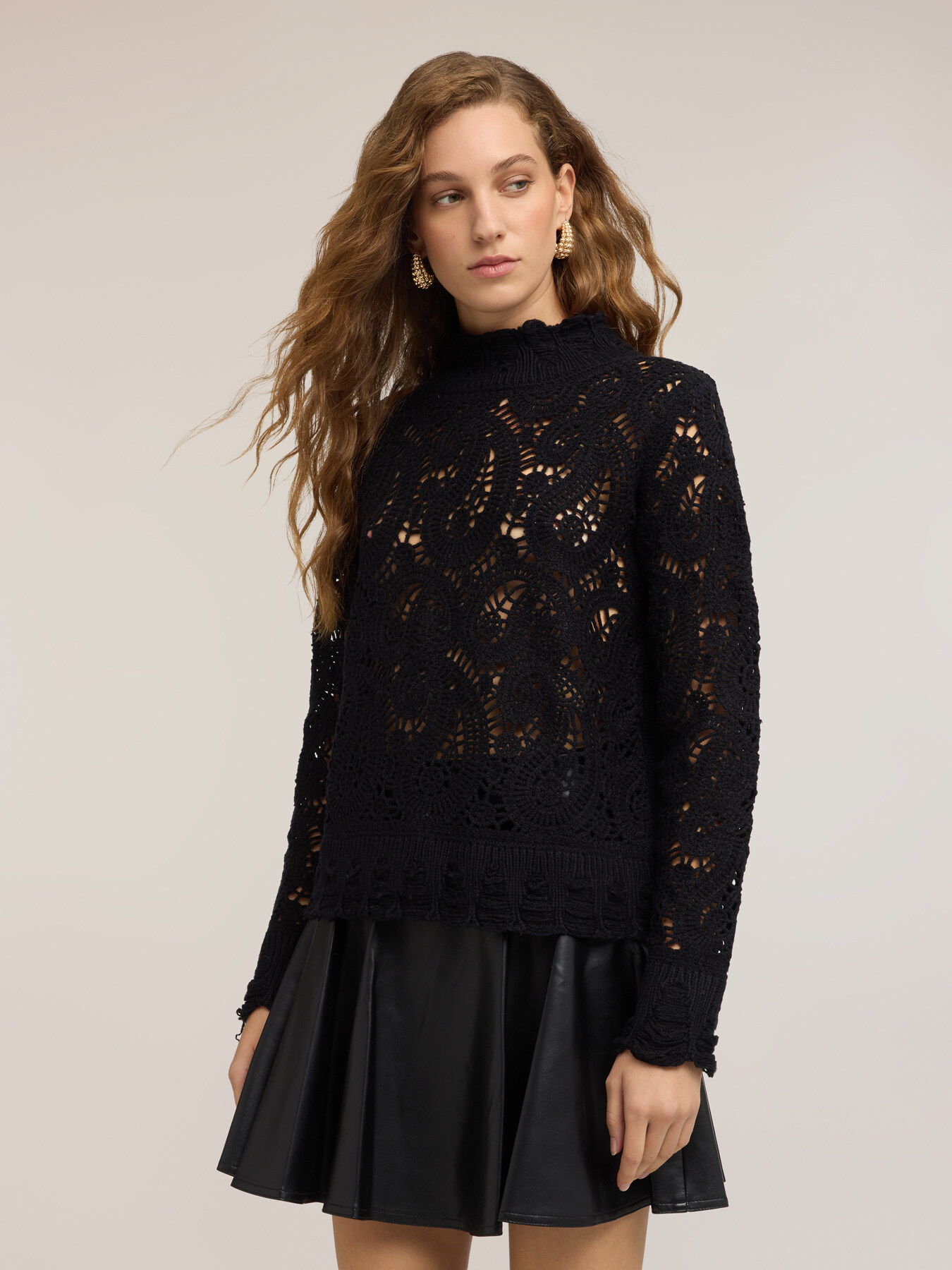 Wool-blend turtleneck sweater with lace effect image number 0