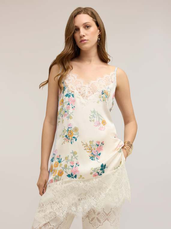 Long satin top with lace inserts
