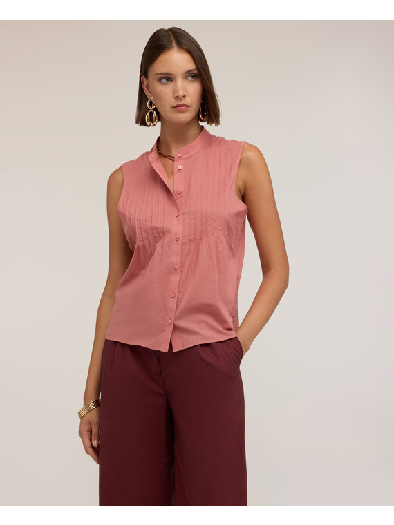 Pleated voile shirt with mandarin collar