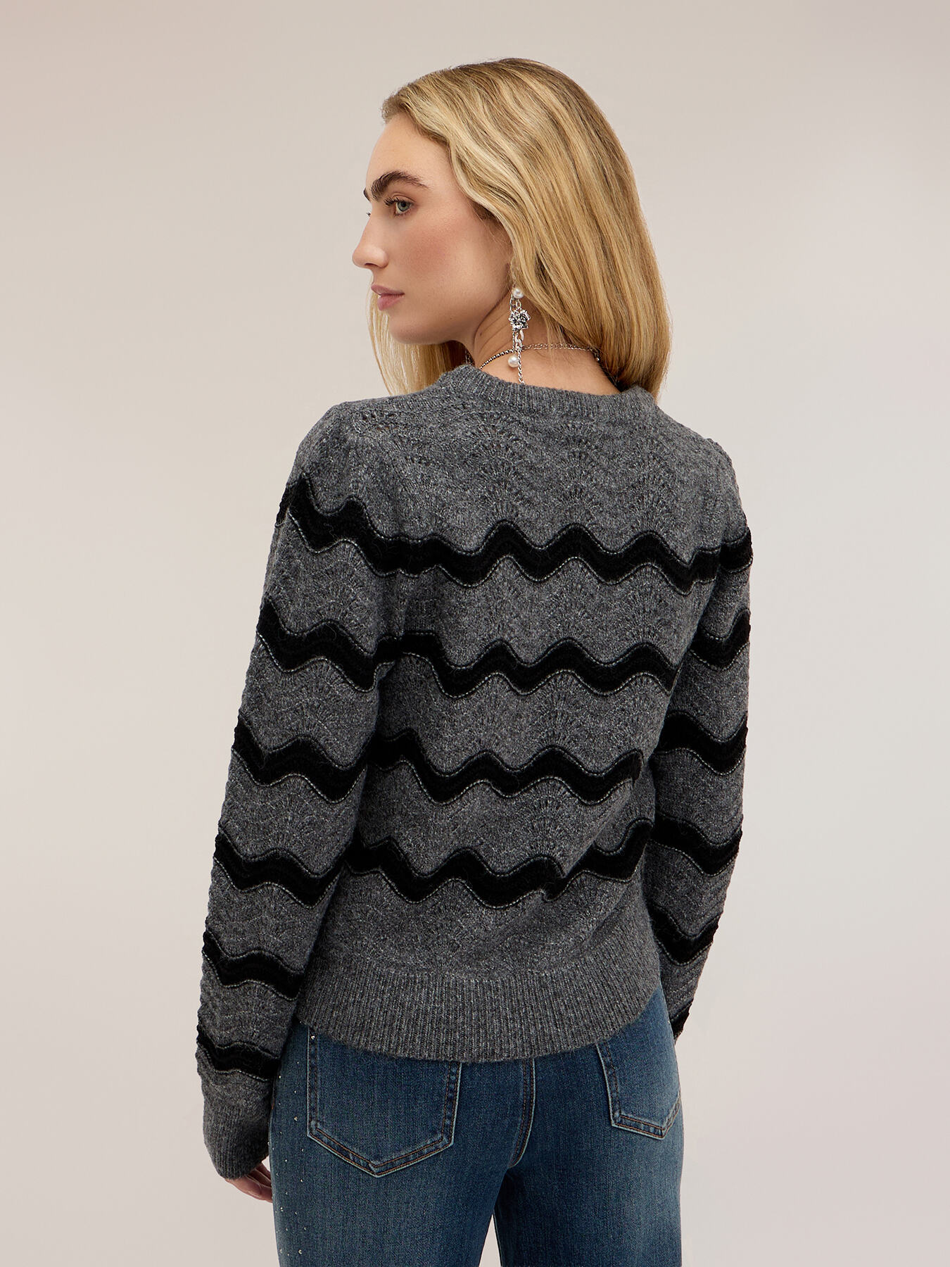 Pull brod&eacute; &agrave; motif de vagues en coton m&eacute;lang&eacute; image number 1
