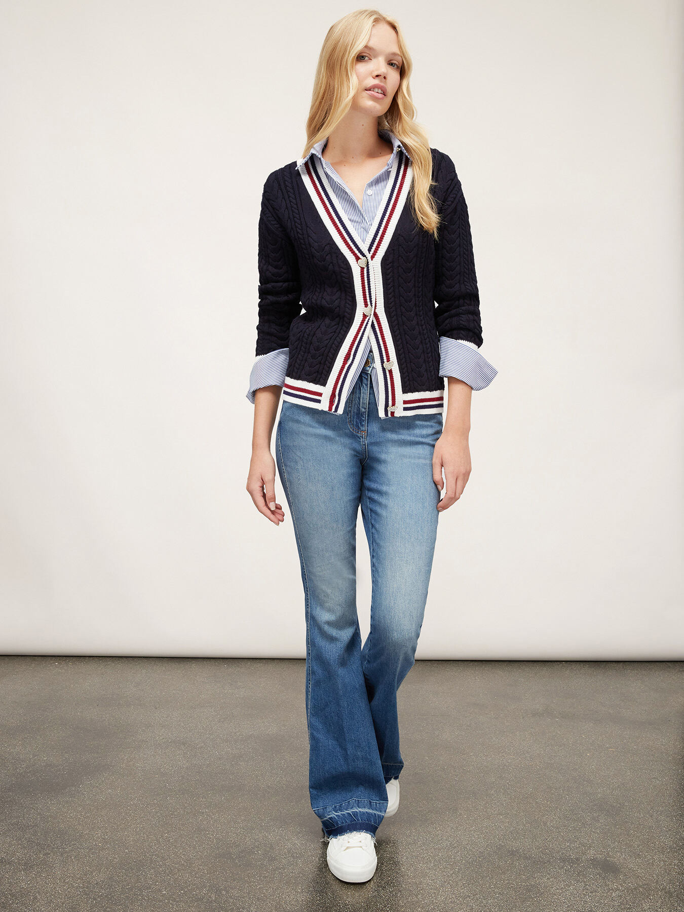 Cardigan &agrave; torsades avec bords &agrave; rayures image number 3