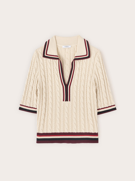 Cable knit viscose sweater with polo collar