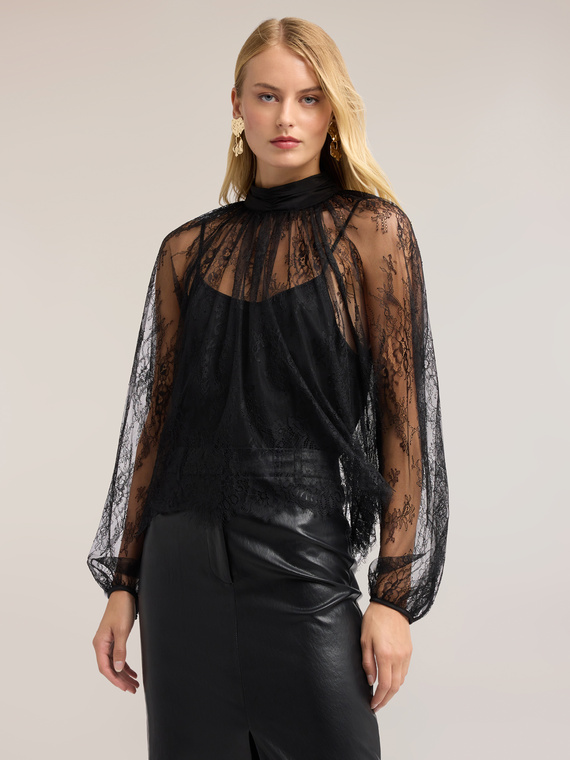Lace blouse with draped collar