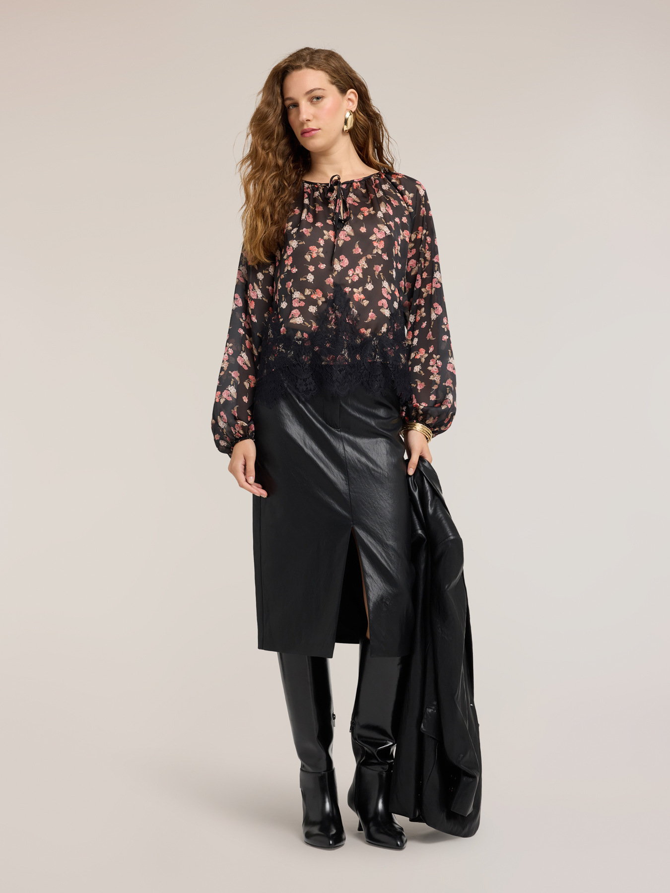 Bluză din georgette cu imprimeu floral și dantelă image number 2