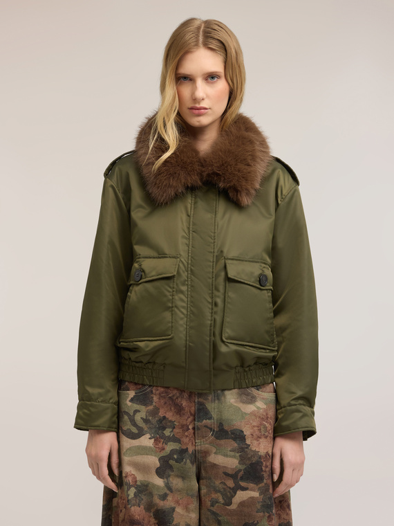 Nylon bomber jacket with removable collar