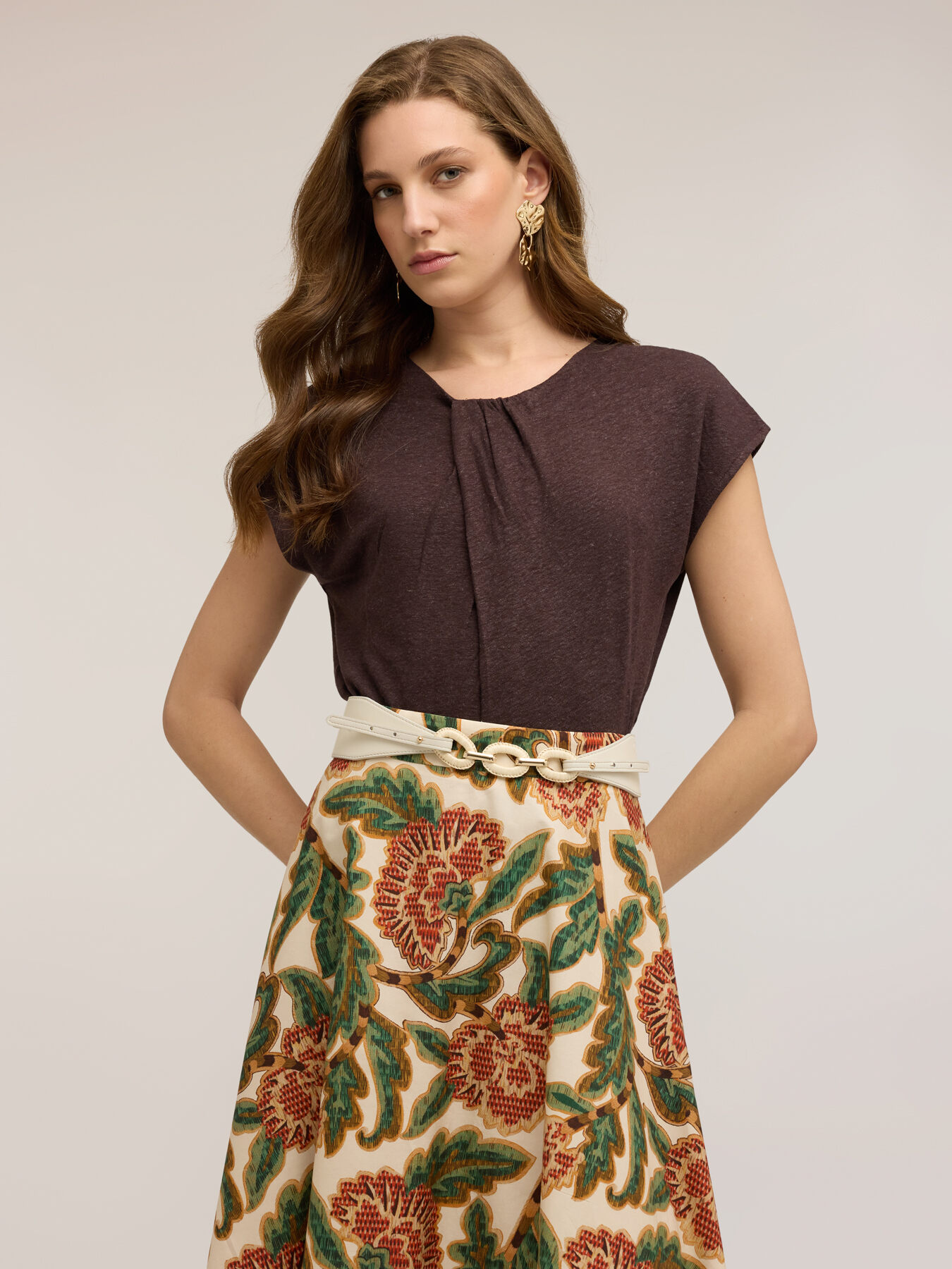 Mixed linen T-shirt with draping image number 0