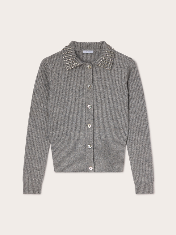 Knit cardigan with jeweled collar