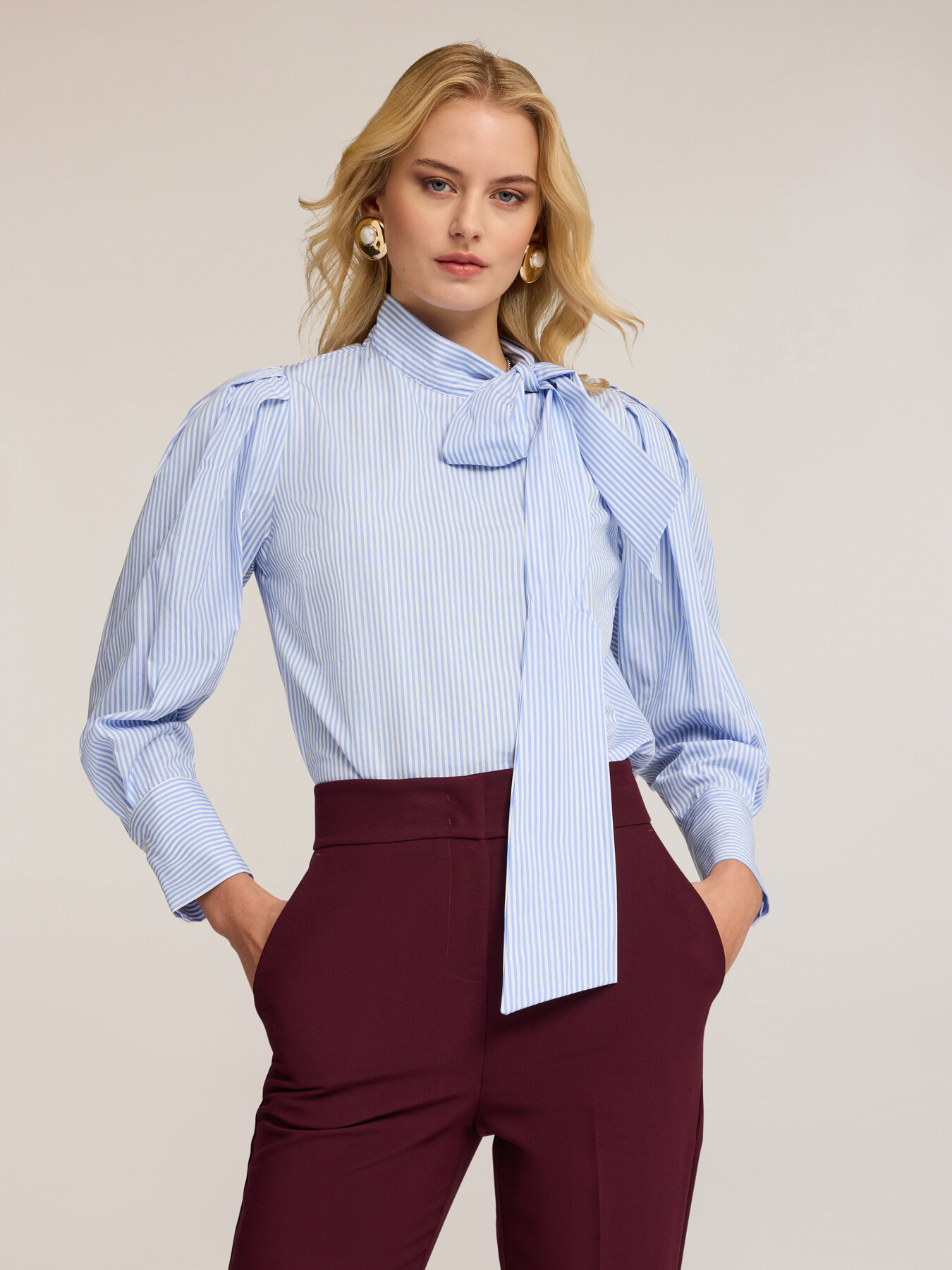 Cotton poplin blouse with bow image number 2