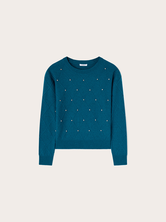 Diamond-patterned knit top with crystal stones