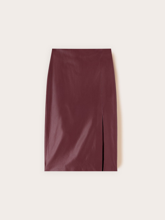 Coated fabric pencil skirt with slit