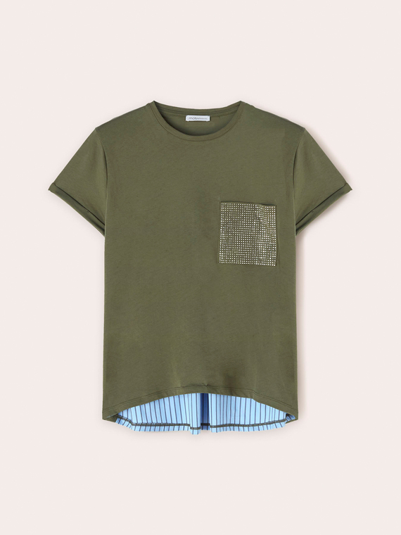 T-Shirt aus zwei Materialien mit strassbesetzter Tasche