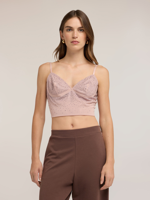 Crop top in tulle with micro-rhinestones