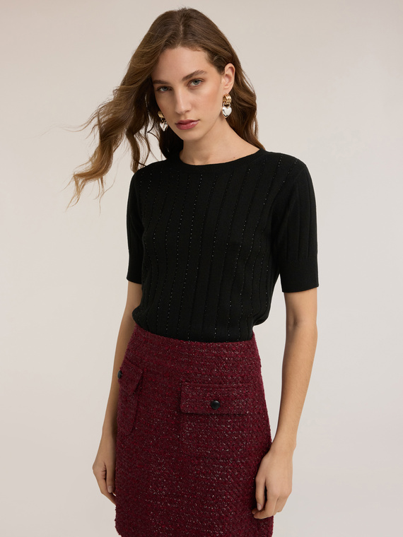 Ribbed sweater with rhinestone stripes