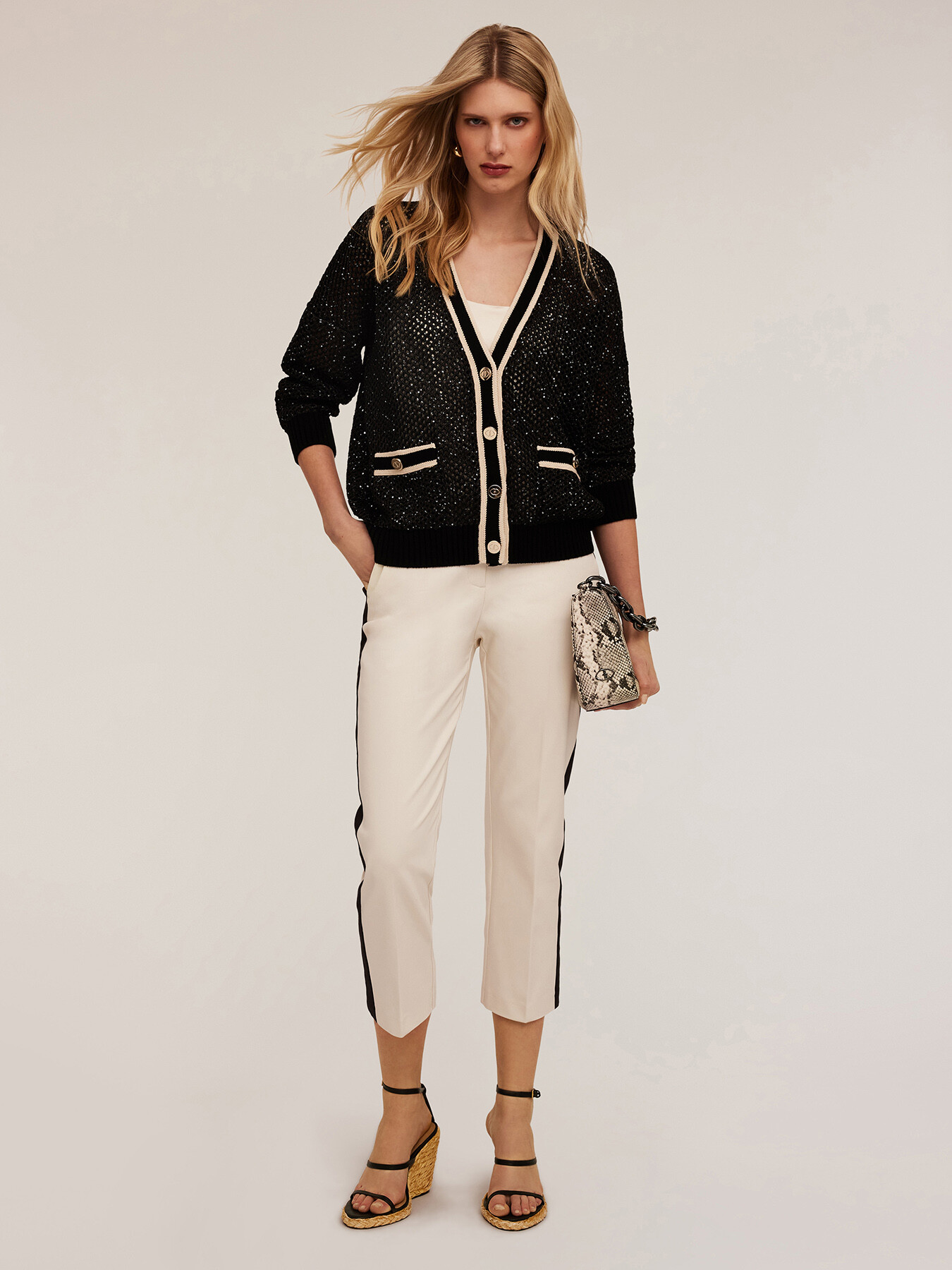 Openwork knit cardigan with micro sequins image number 0