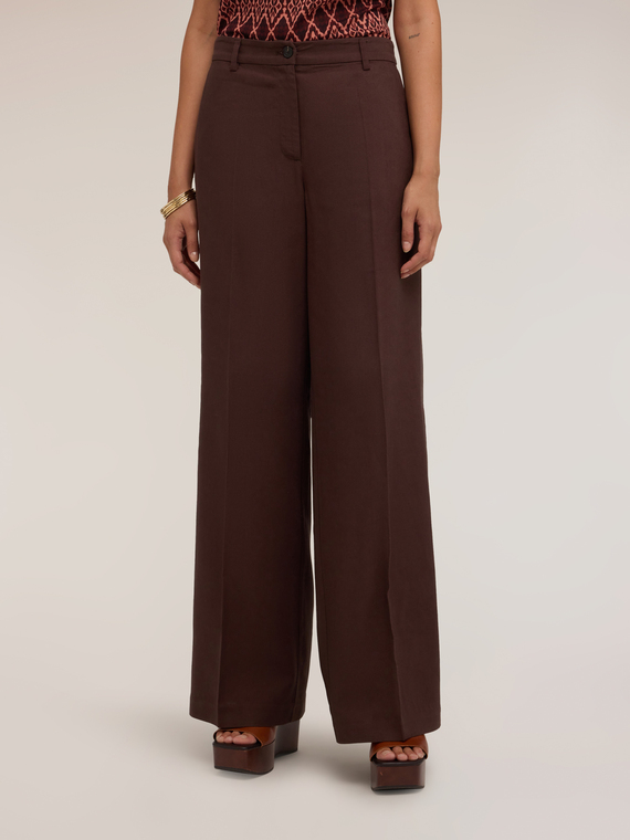 Pantalon palazzo avec pli marqu&eacute; en m&eacute;lange de lin