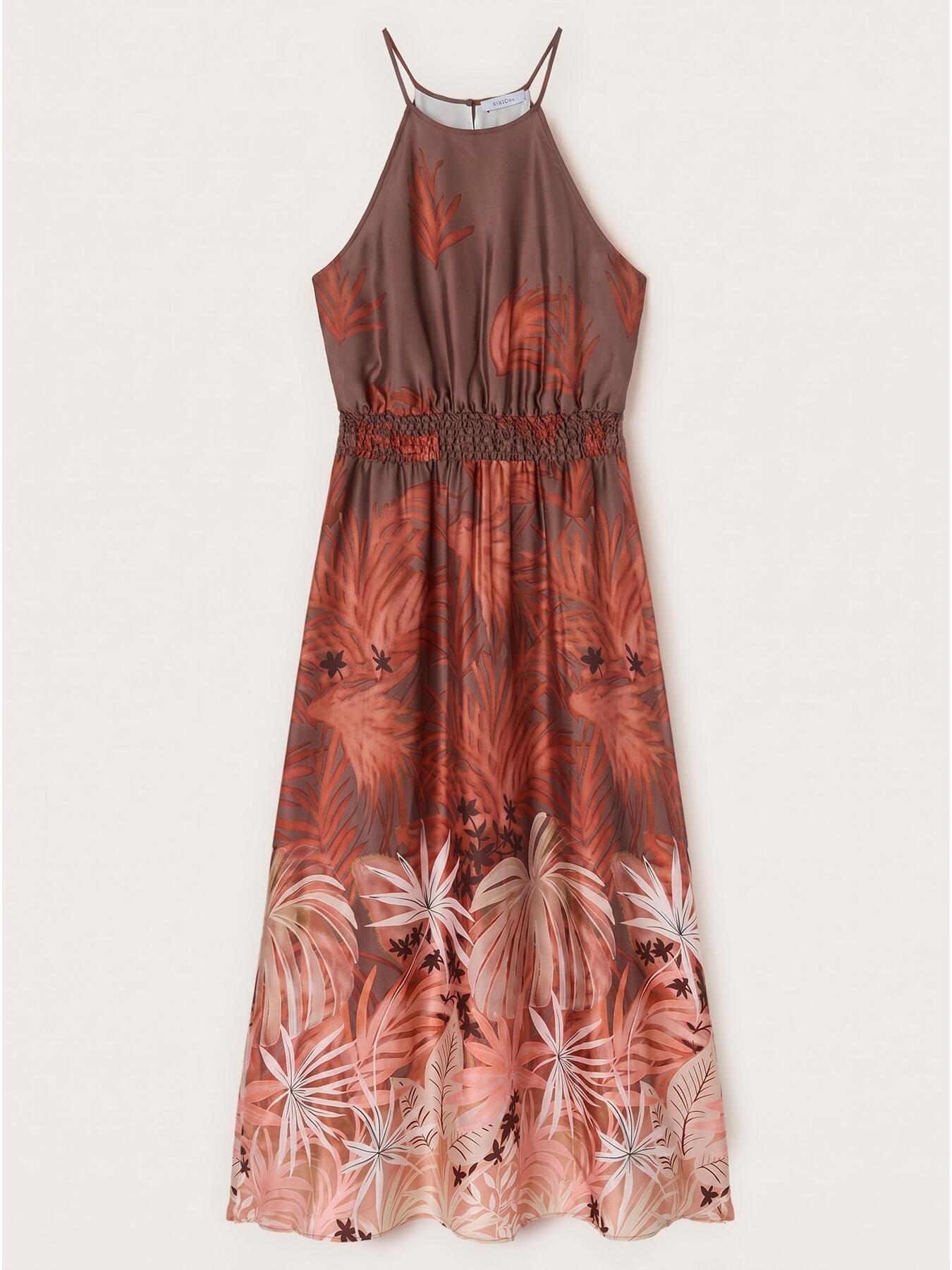 Long satin dress with tropical print image number 4