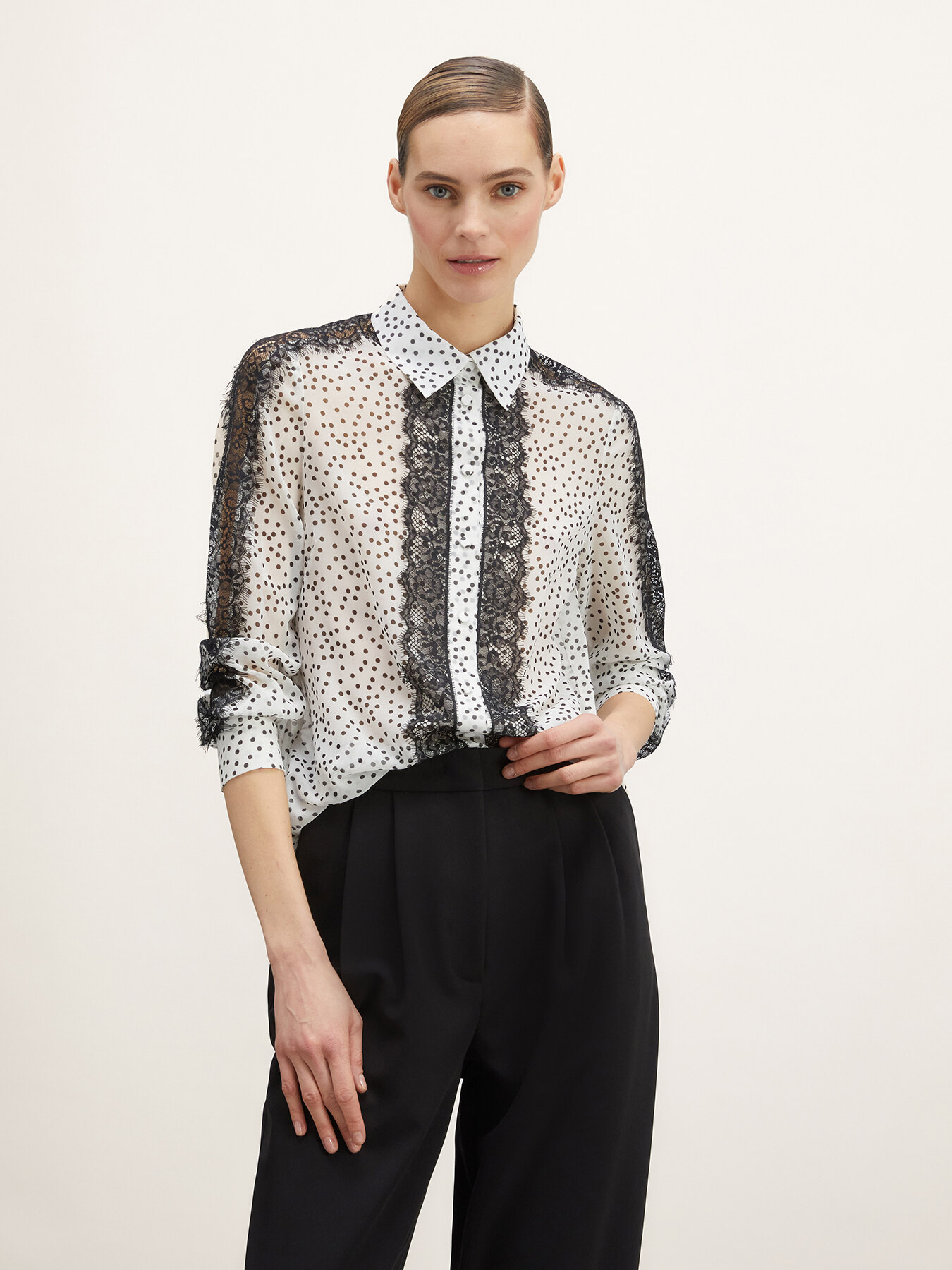 Polka dot shirt with lace inserts image number 0