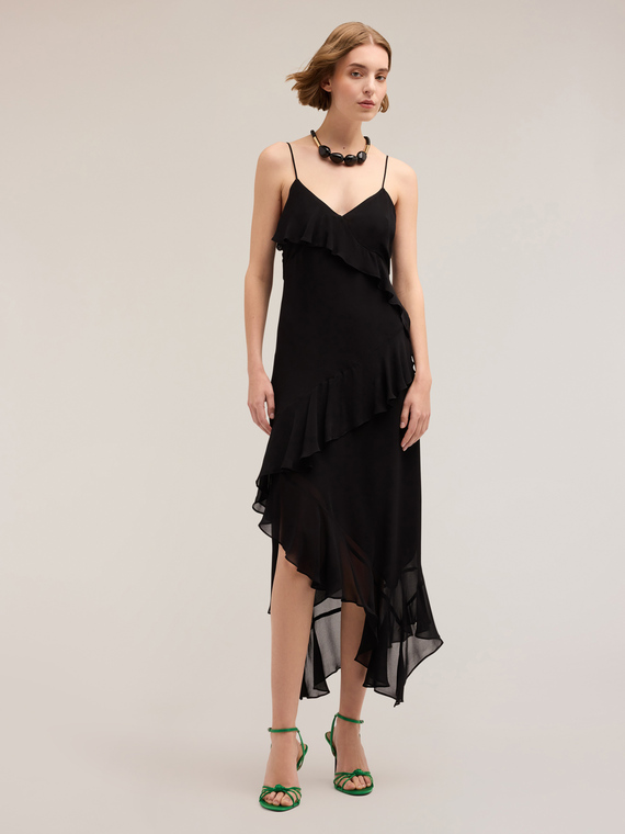 Motivi Vestito midi con balze a rouches Donna, Nero, Taglia 36