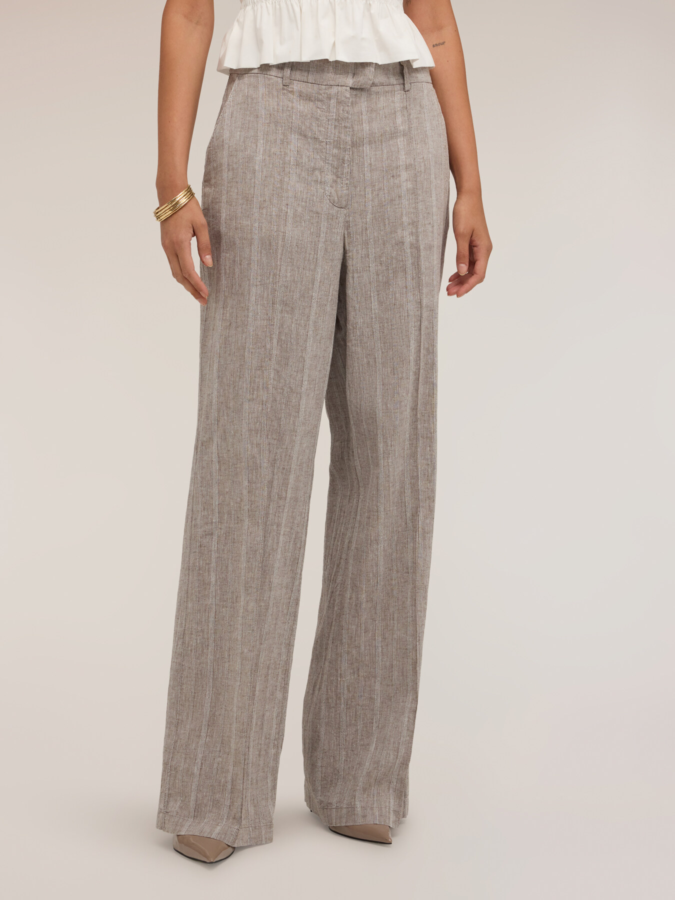 Pantaloni palazzo in misto lino con piega stirata image number 0