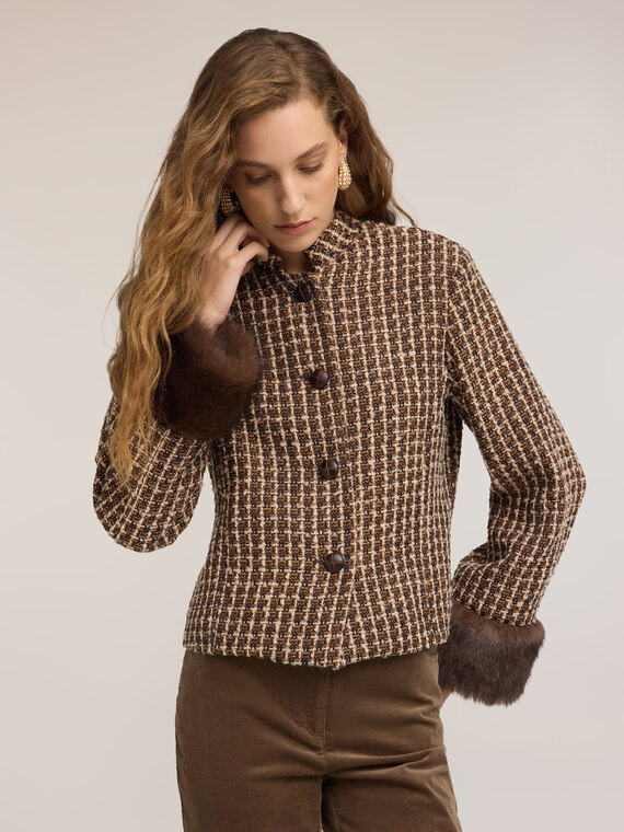 Short jacket with check pattern in wool blend