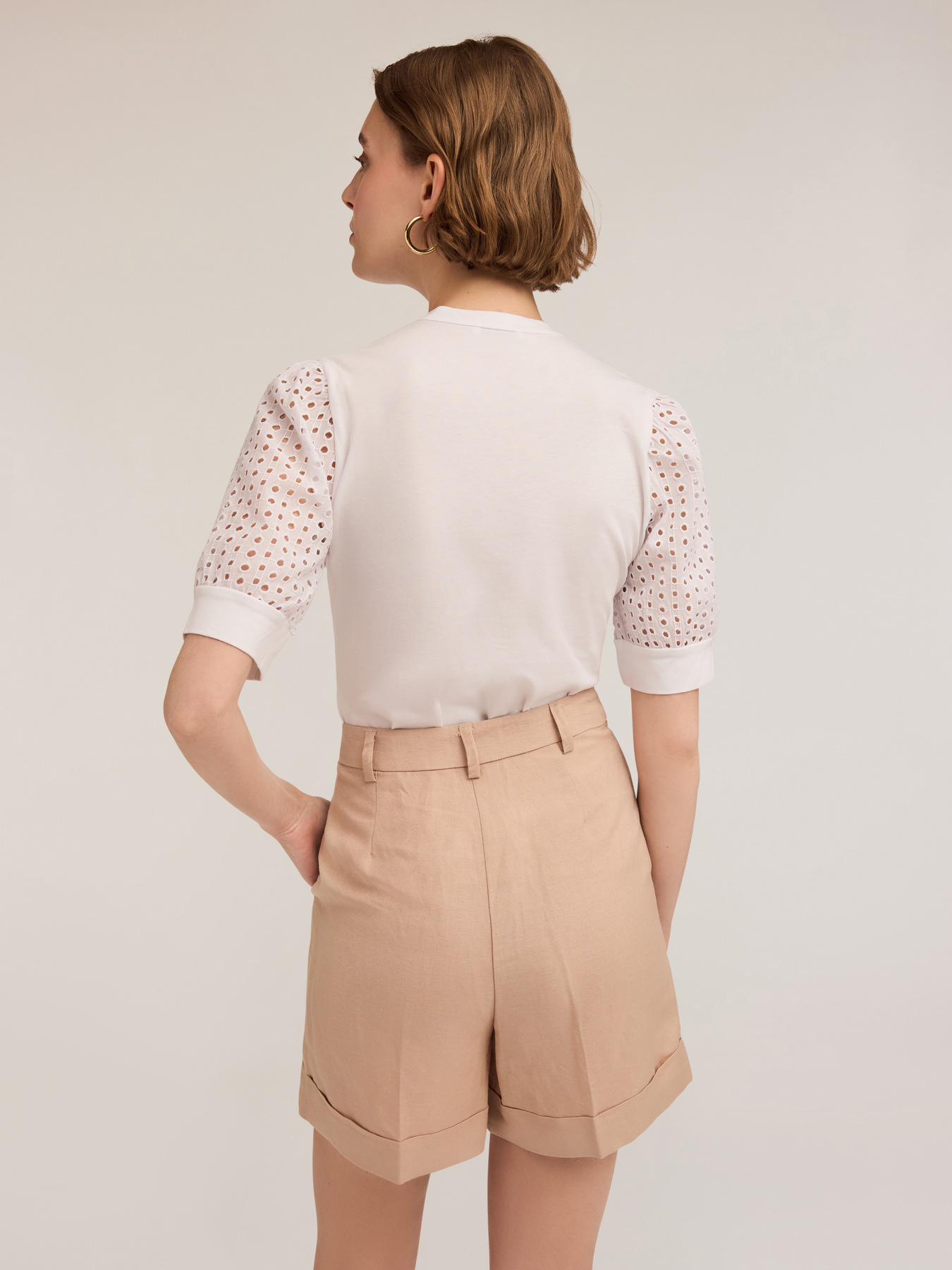 T-shirt with keyhole and broderie anglaise sleeves image number 1