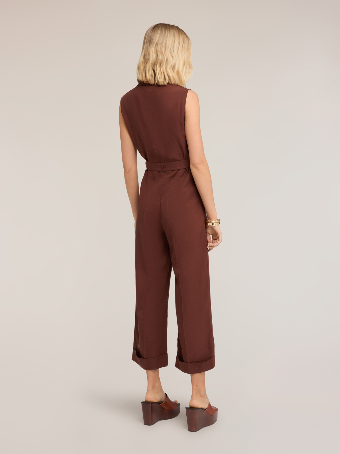 Long linen blend jumpsuit with lapels image number 1