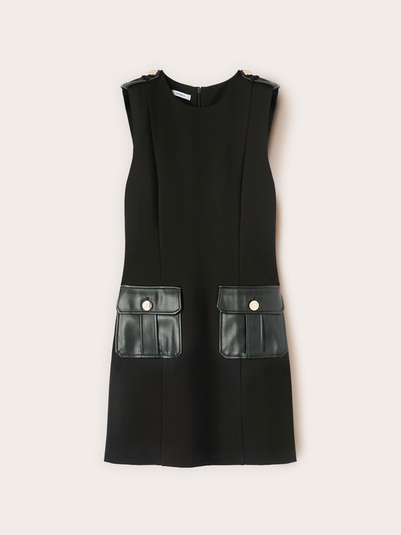 Sheath dress with applied pockets in coated fabric