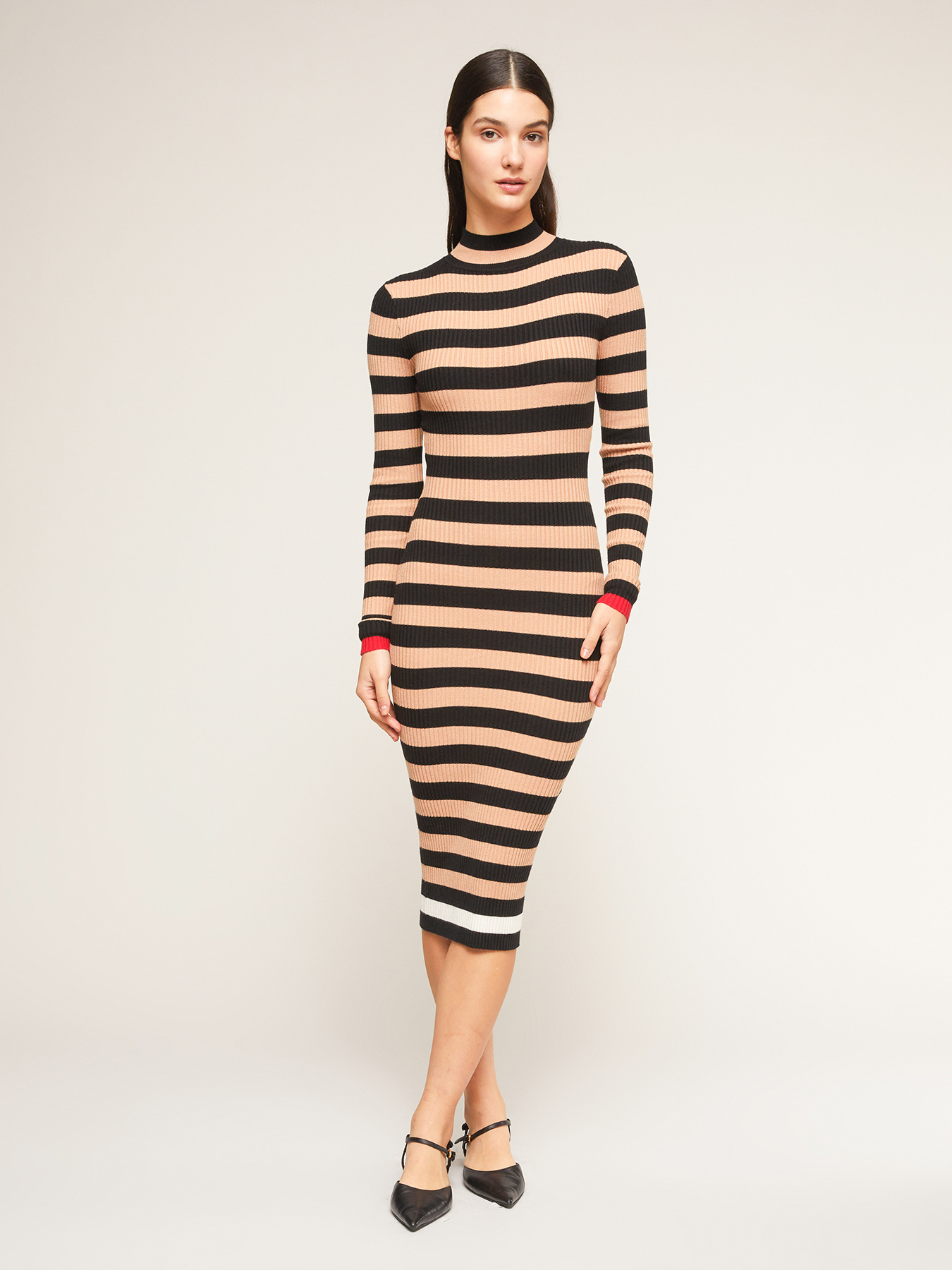 Robe mi-longue en maille &agrave; c&ocirc;tes motif &agrave; rayures image number 0