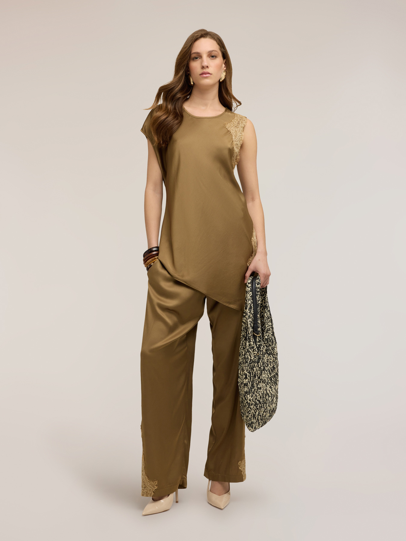 Asymmetric satin blouse with lace image number 2