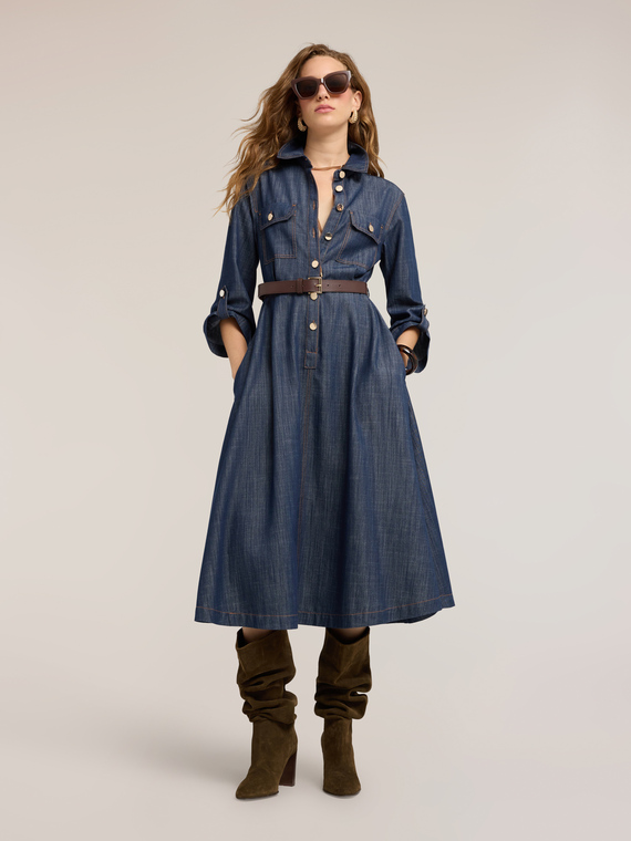 Midi-Hemdblusenkleid aus Denim mit G&uuml;rtel