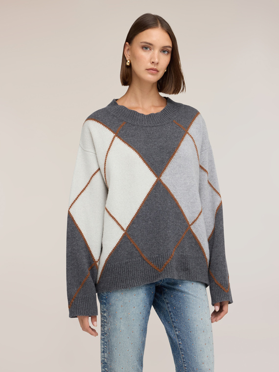 Pulover din l&acirc;nă mixtă cu motiv argyle