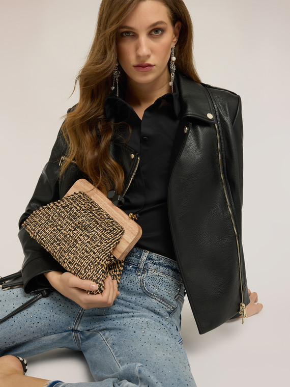 Woven raffia clutch with wooden clasp