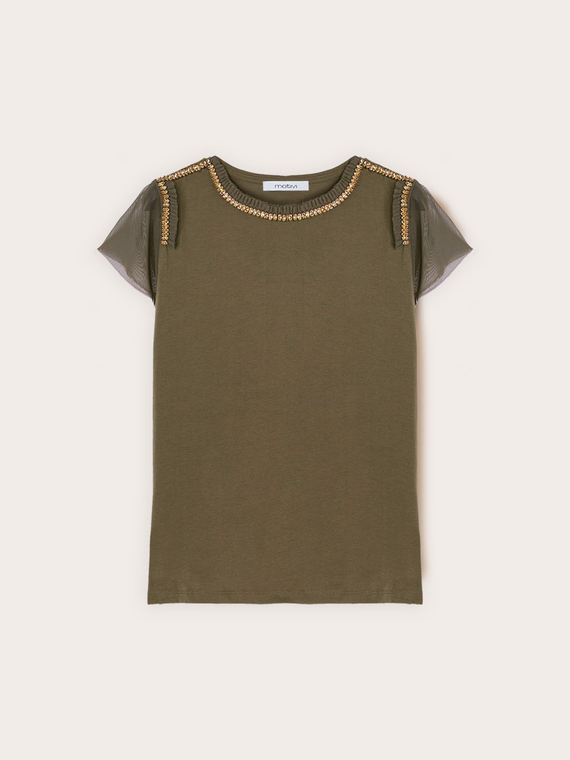 T-Shirt mit T&uuml;ll&auml;rmel und Schmuckstickereien