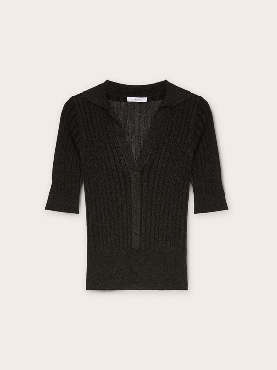 Lurex ribbed polo sweater