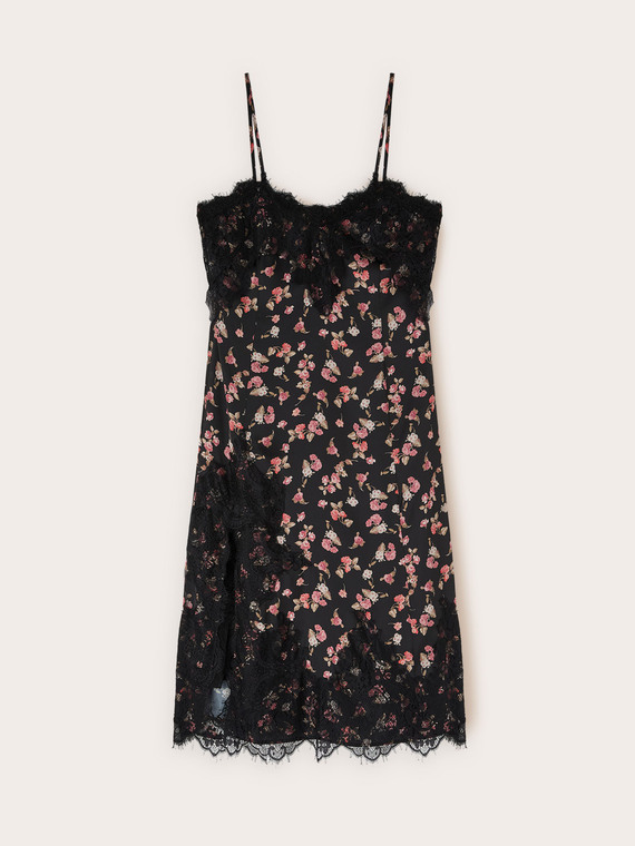 Georgette dress with floral print and lace