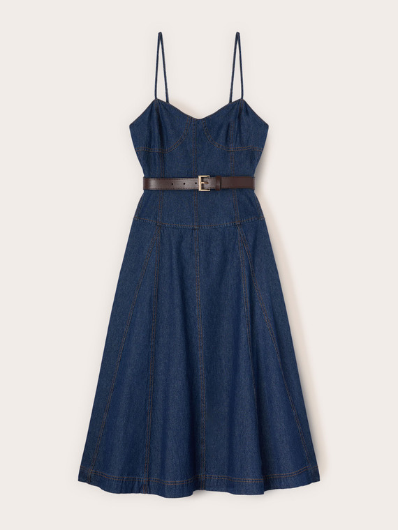 Midi denim dress with sweetheart neckline