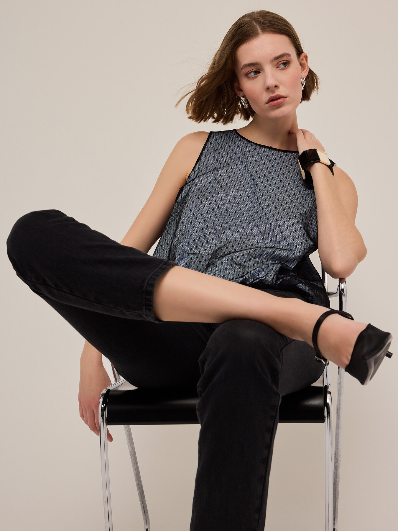 Top en popeline &agrave; rayures et tulle en plumetis image number 3