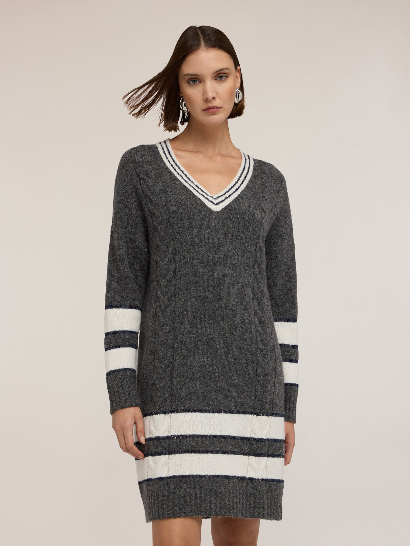 Robe oversize en maille m&eacute;lang&eacute;e laine &agrave; rayures image number 2